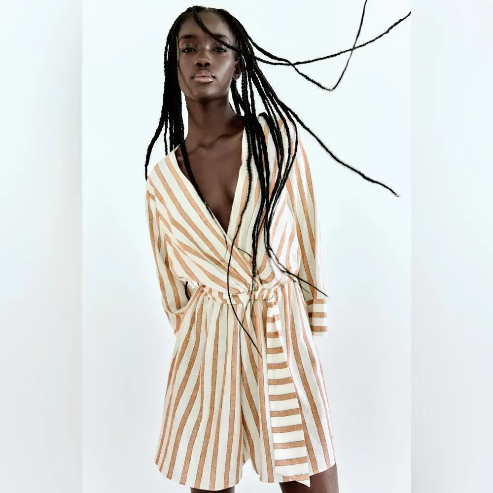 Zara Linen Blend Jumpsuit Striped New